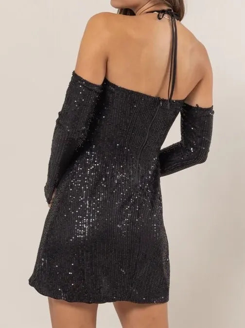Image of HYFVE Sequin Rosette Halter Mini Dress | Queeble.shop