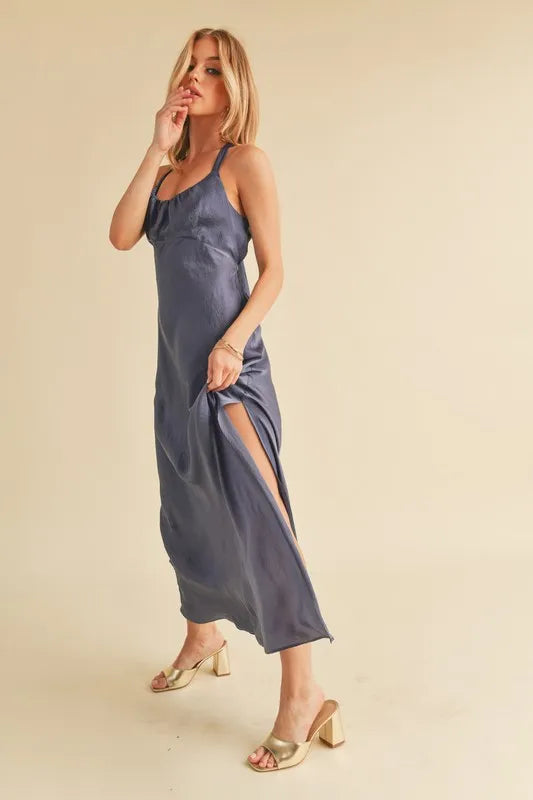Image of Aemi + Co Ruched Side Slit Cutout Back Maxi Cami Dress | Queeble.shop