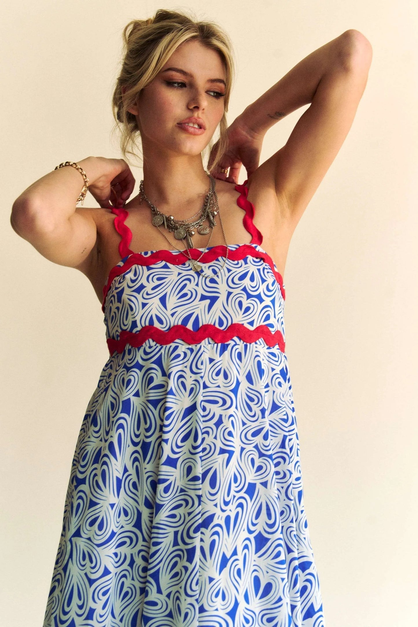 Image of Davi & Dani Geo 2 Tone Printed Wavi Trim Tiered Maxi Dress | Queeble.shop