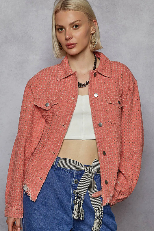 Image of POL Raw Hem Button Up Jacket with Chest Pockets | Queeble.shop