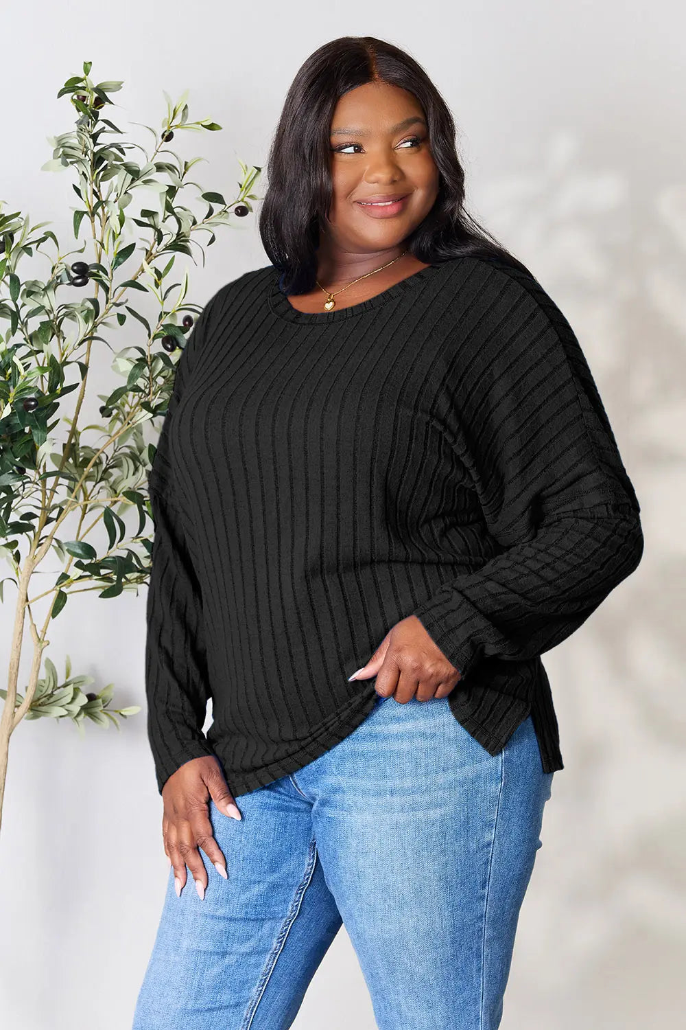 Image of Basic Bae Full Size Ribbed Round Neck Slit Knit Top | Queeble.shop