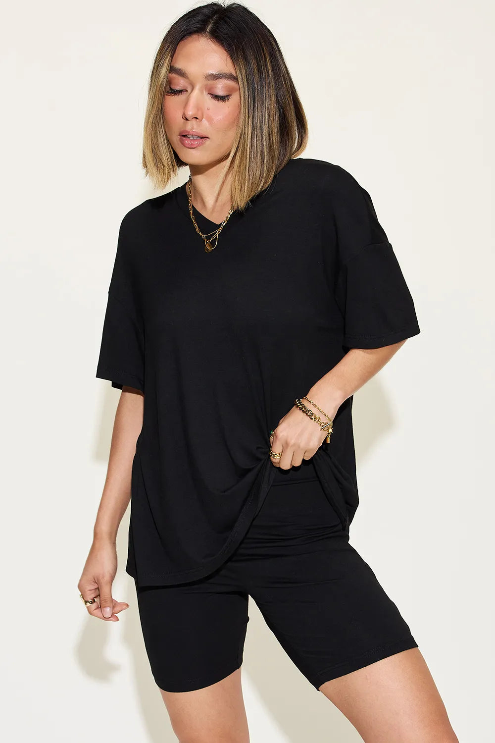Image of Basic Bae Full Size V-Neck Drop Shoulder T-Shirt and Shorts Set | Queeble.shop