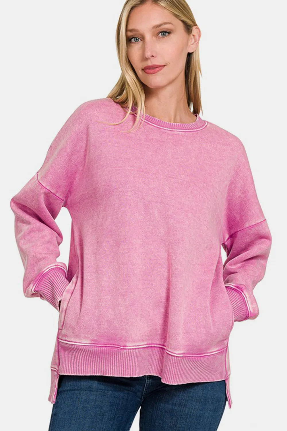 Image of Zenana High-Low Acid Wash Fleece Sweatshirt | Queeble.shop