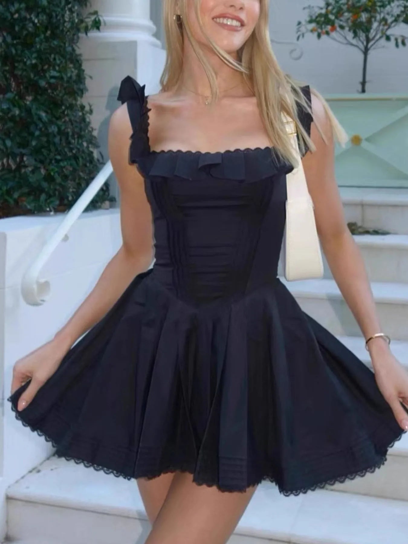 Image of Square Neck Pleated Mini Dress | Queeble.shop