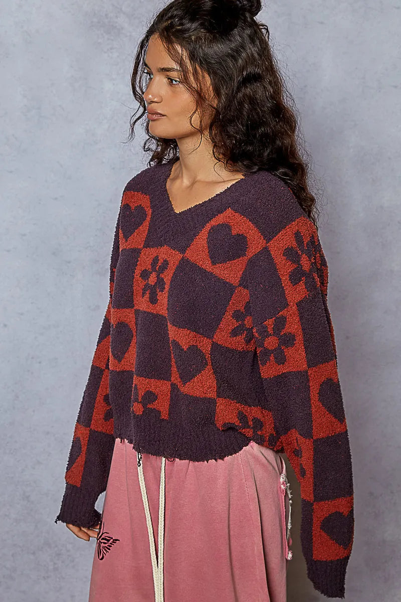 Image of POL V-Neck Heart Pattern Checkered Sweater | Queeble.shop