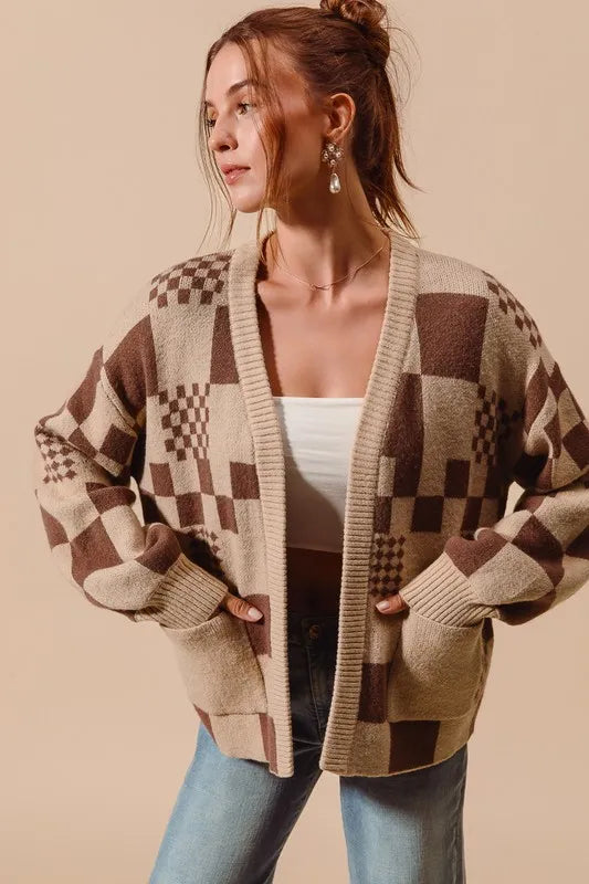 Image of SO ME Checkered Open Front Cardigan with Pockets | Queeble.shop