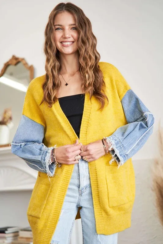Image of ADORA Full Size Frayed Denim Sleeve Sweater Cardigan Plus Size | Queeble.shop