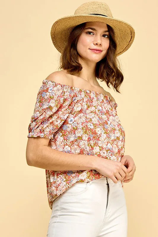 Image of Lime 'N' Chili Floral Print Short Sleeve Off-The-Shoulder Blouse | Queeble.shop