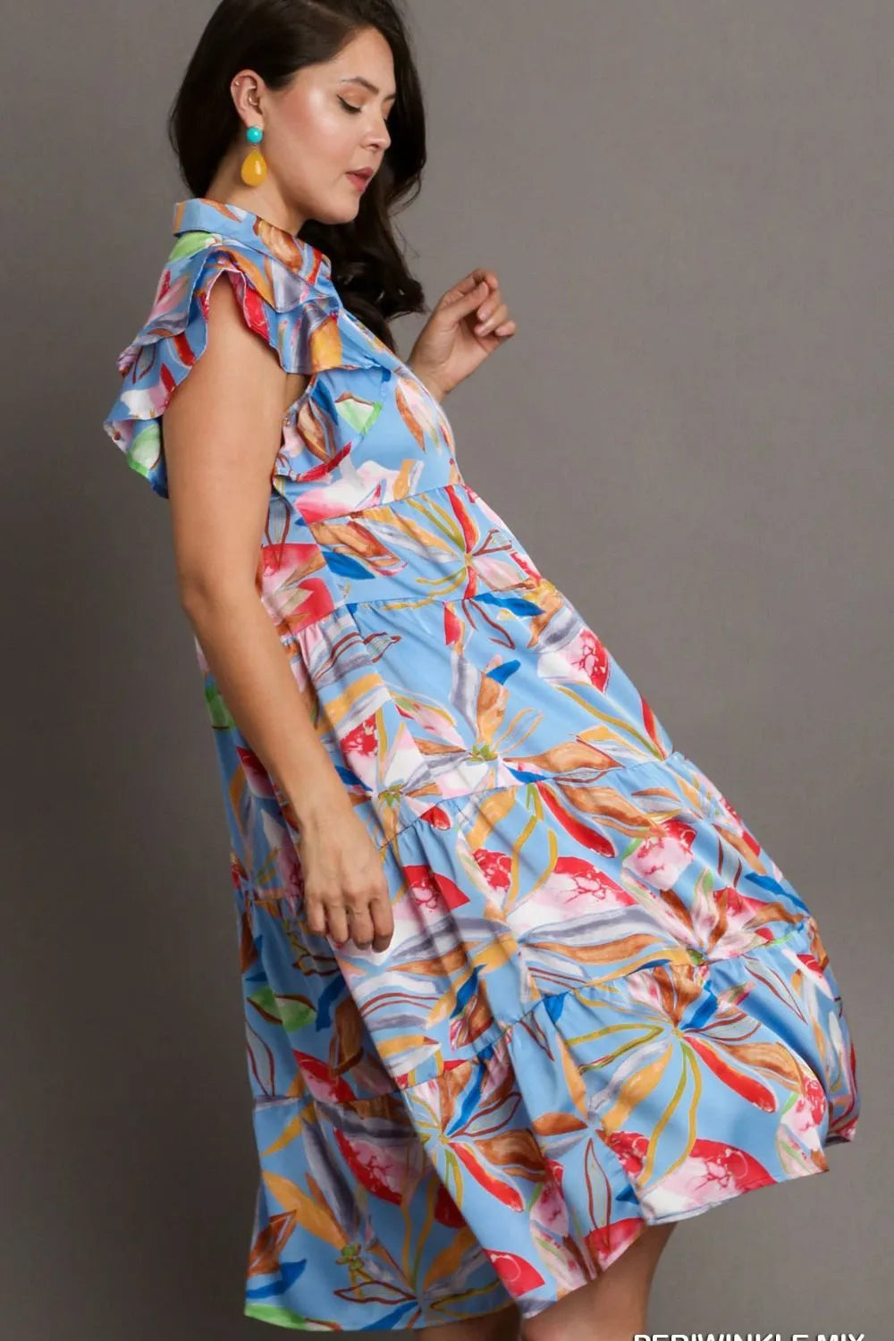 Image of Umgee Full Size Leaf Print Double Layered Ruffle Sleeve Tiered Midi Dress Plus Size | Queeble.shop