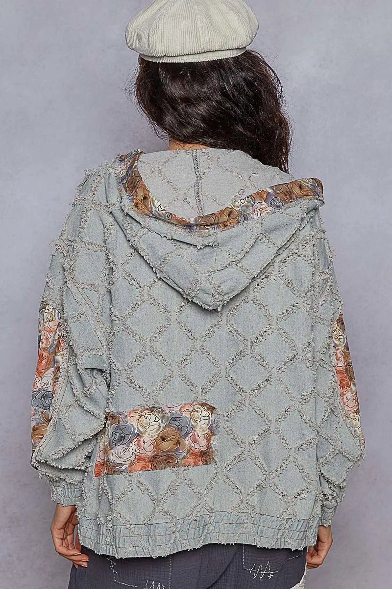 Image of POL Zip Up Floral and Lace Patch Washed Denim Jacket | Queeble.shop
