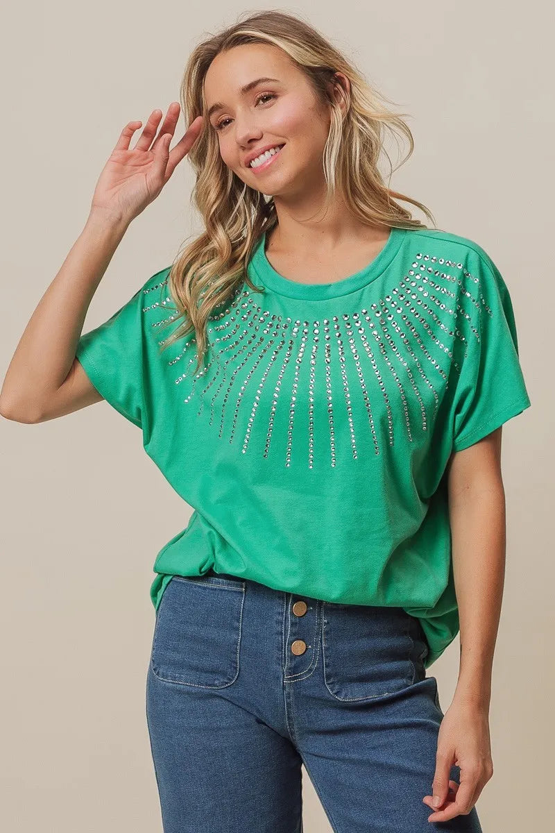 Image of BiBi Rhinestone Beaded Short Sleeve Top | Queeble.shop