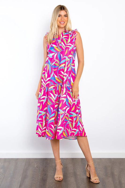 Image of Be Stage Print Ruffled Midi Dress with Pockets | Queeble.shop