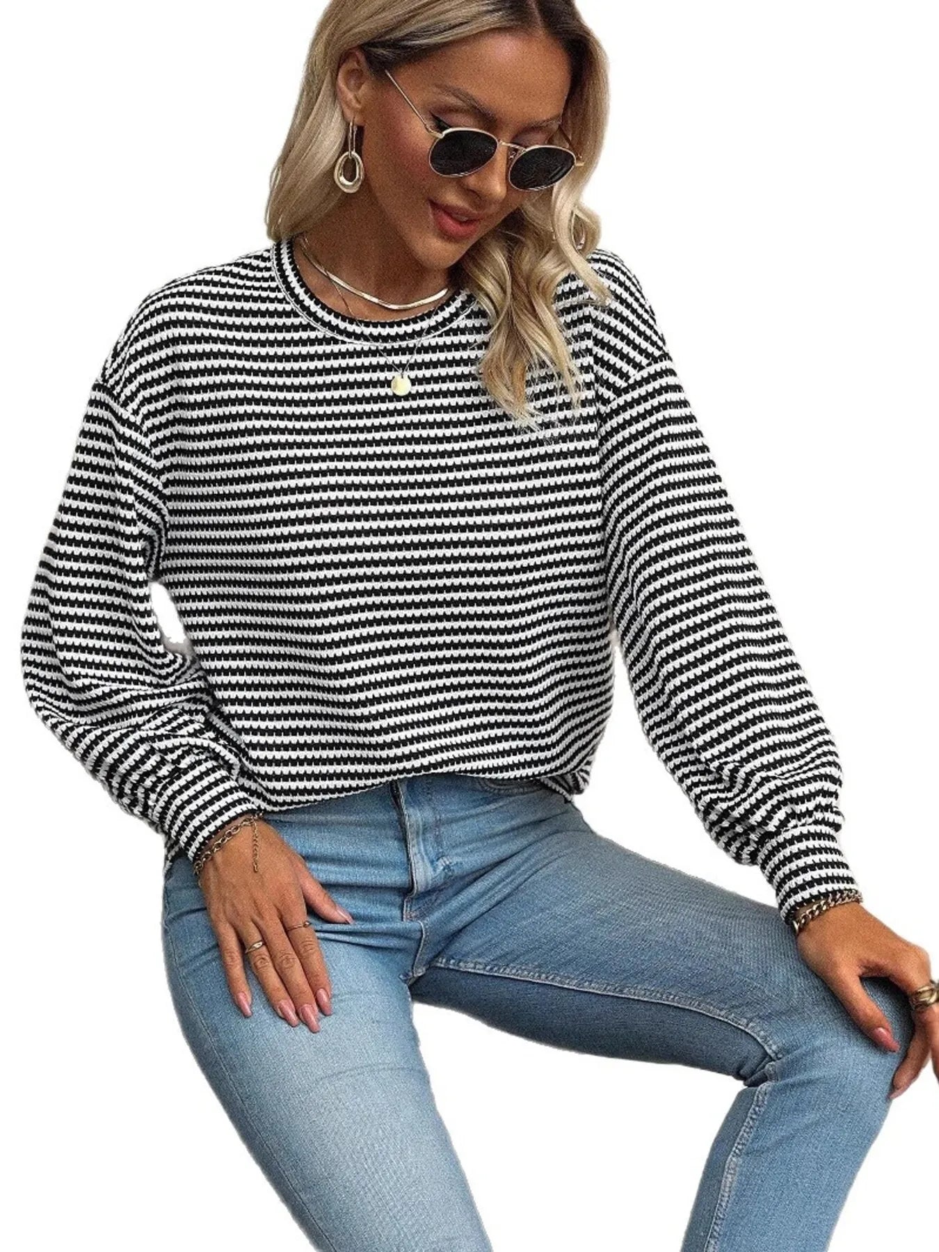 Image of Striped Round Neck Lantern Sleeve Top | Queeble.shop