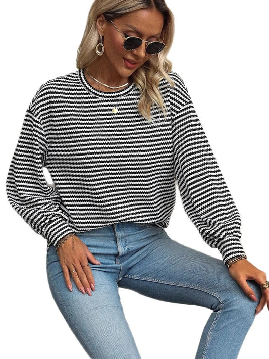 Image of Striped Round Neck Lantern Sleeve Top | Queeble.shop