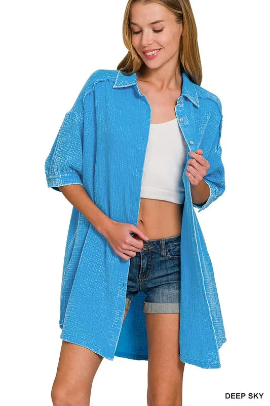 Image of Zenana Washed Double Gauze Button Down Shirt Dress | Queeble.shop