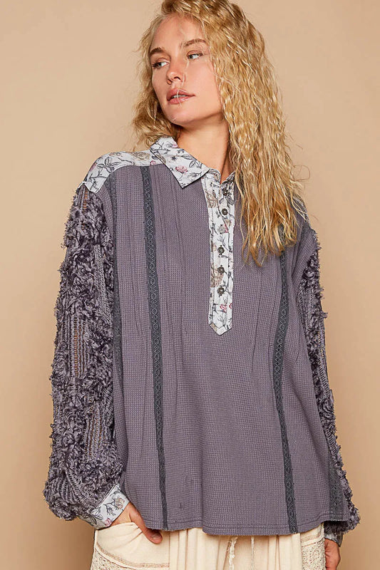 Image of POL Floral Half Button Lace Detail Long Sleeve Top | Queeble.shop