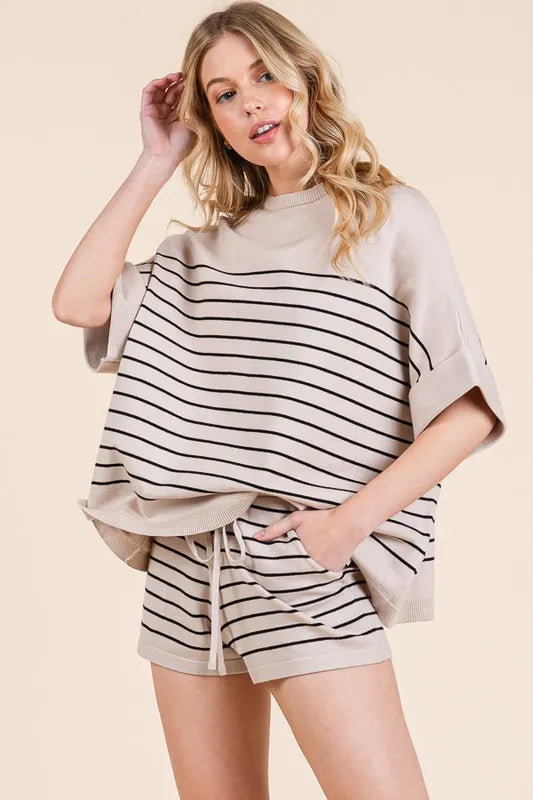 Image of Lime 'N' Chili Striped Folded Half Sleeve Top and Shorts Set | Queeble.shop