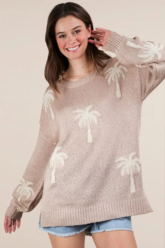 Image of VERY J Palm Tree Graphic Oversized Knit Sweater | Queeble.shop