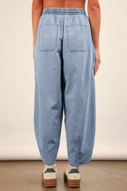 Image of VERY J Washed Chambray Barrel Denim Pants | Queeble.shop
