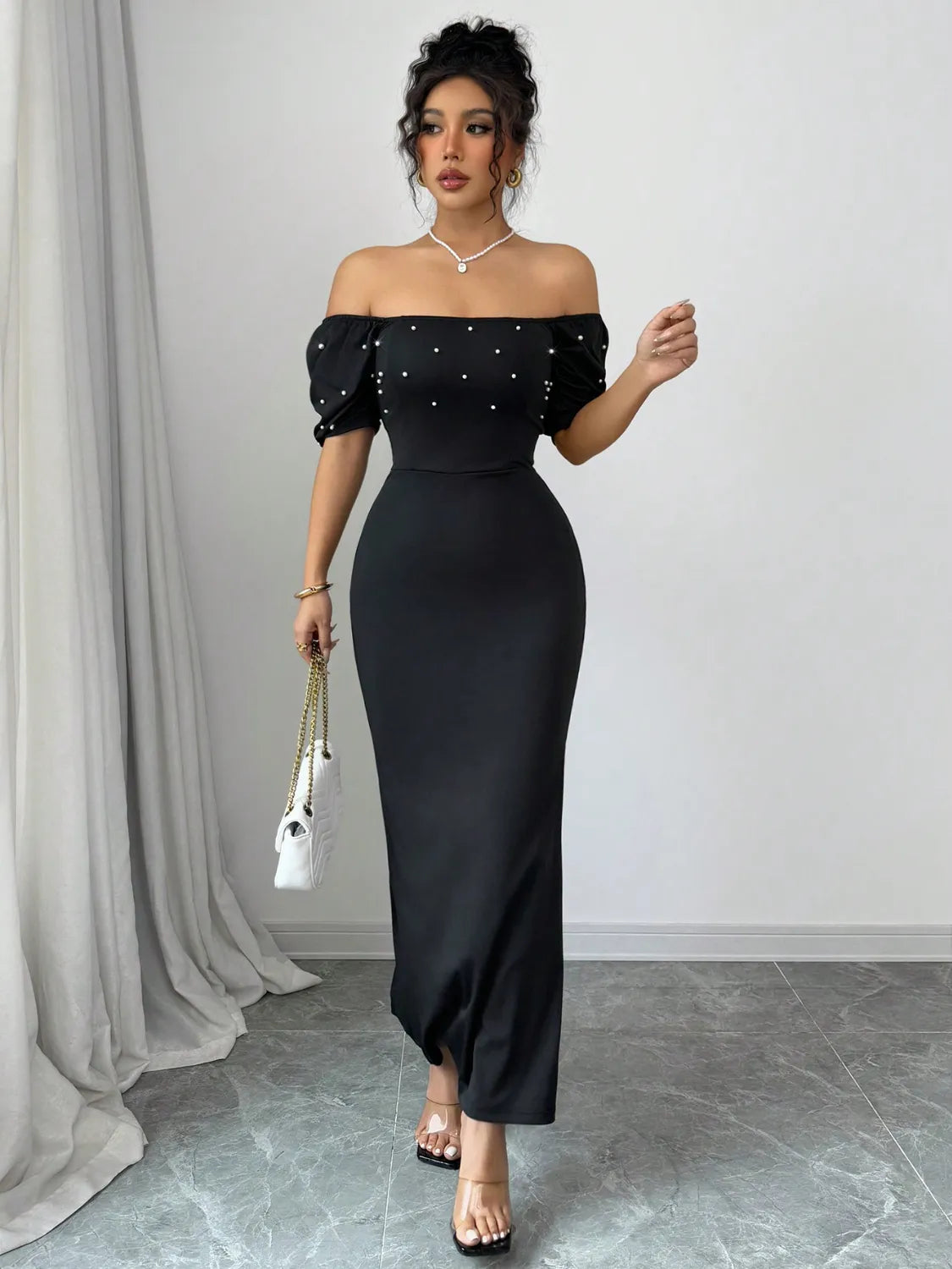 Image of Off Shoulder Short Sleeve Maxi Dress | Queeble.shop