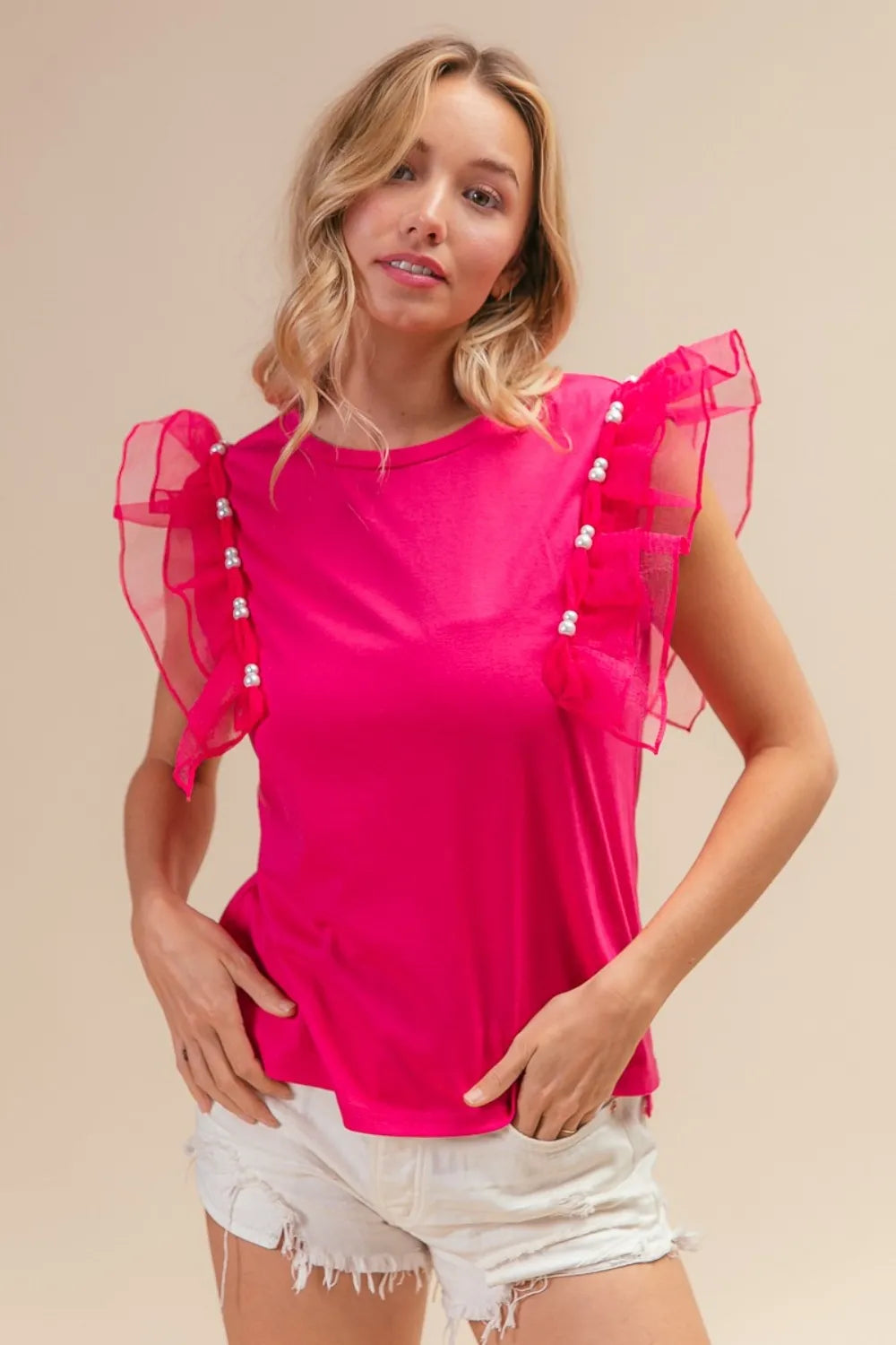 Image of BiBi Pearl Decor Mesh Ruffle Sleeve Top | Queeble.shop