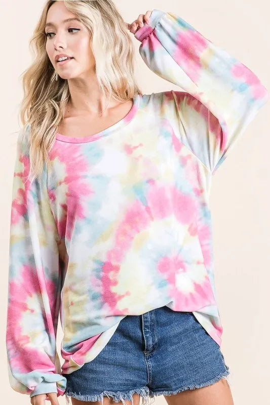 Image of BiBi Tie Dye Print Terry Top With Puff Sleeves | Queeble.shop