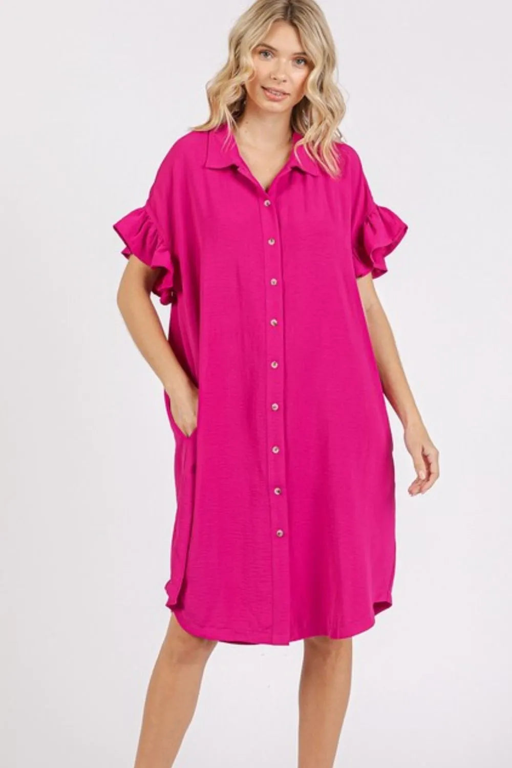Image of Mittoshop Button Down Flounce Sleeve Dress with Pockets | Queeble.shop