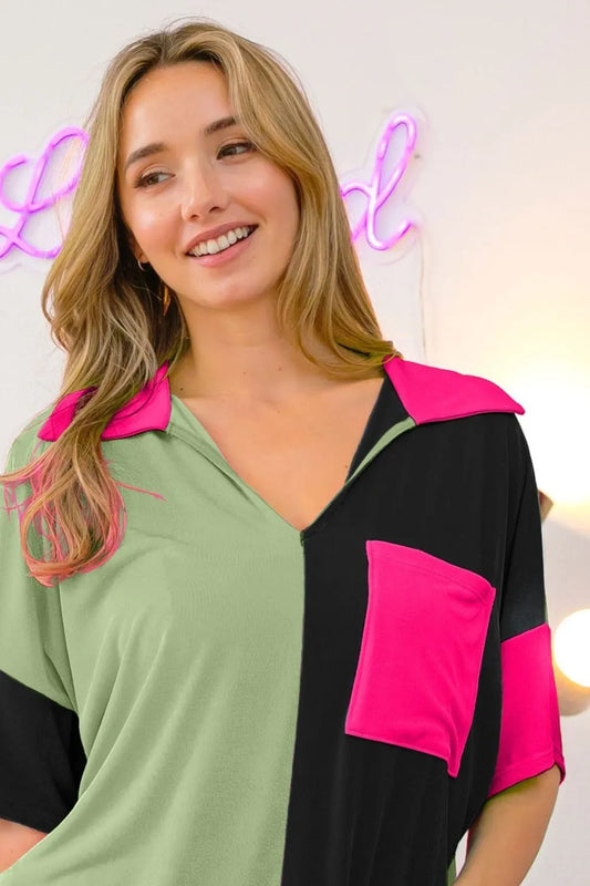 Image of BiBi Slinky Knit Color Block V Neck Front Top | Queeble.shop