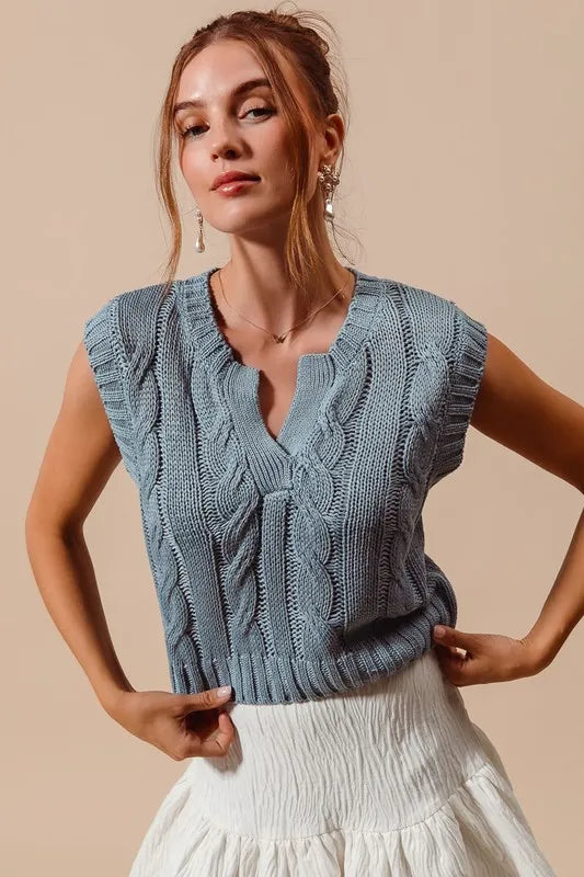 Image of SO ME Notched Neck Cable Knit Sweater Vest | Queeble.shop