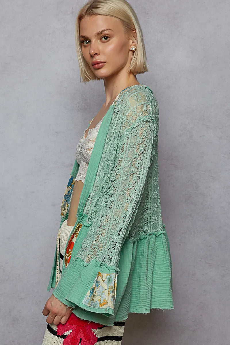 Image of POL Lace Ruffled Hem Open Front Cardigan | Queeble.shop