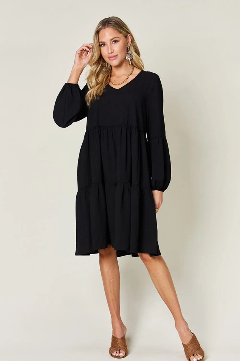 Image of Double Take Full Size V-Neck Balloon Sleeve Tiered Dress with Pockets | Queeble.shop