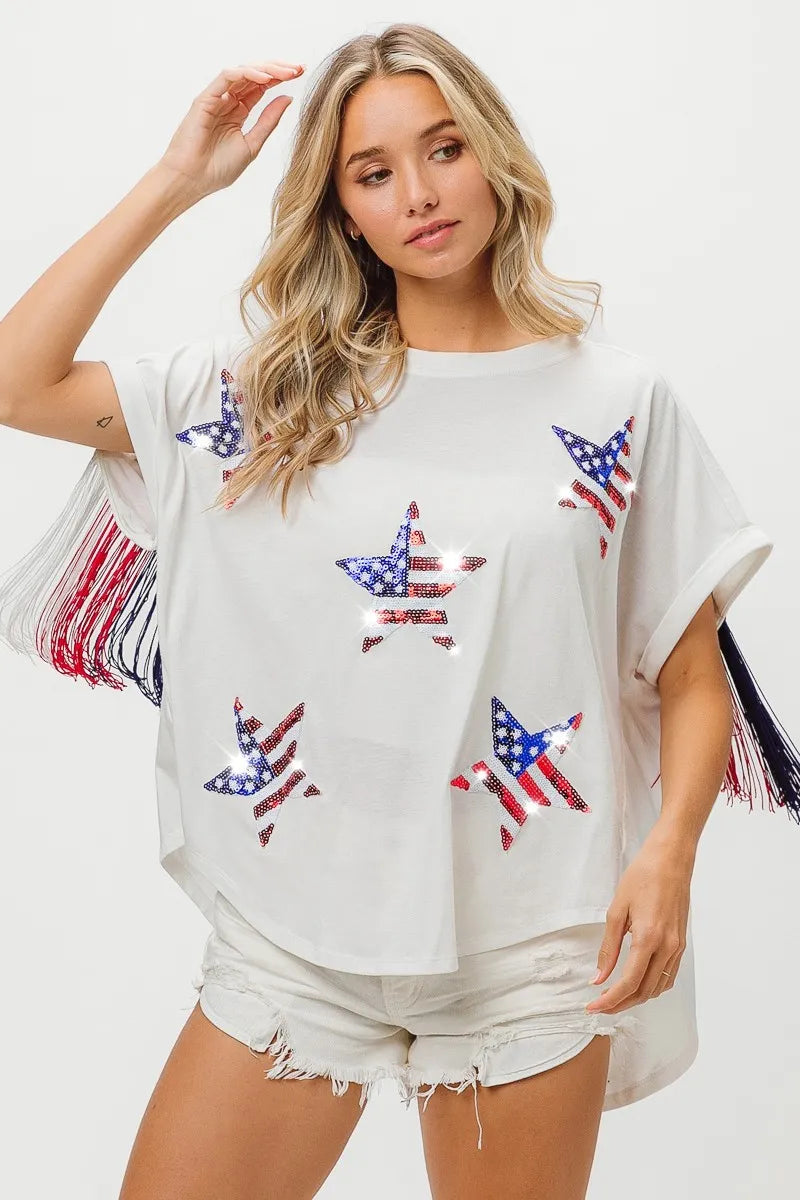 Image of BiBi American Flag Sequin Star Fringe Top | Queeble.shop