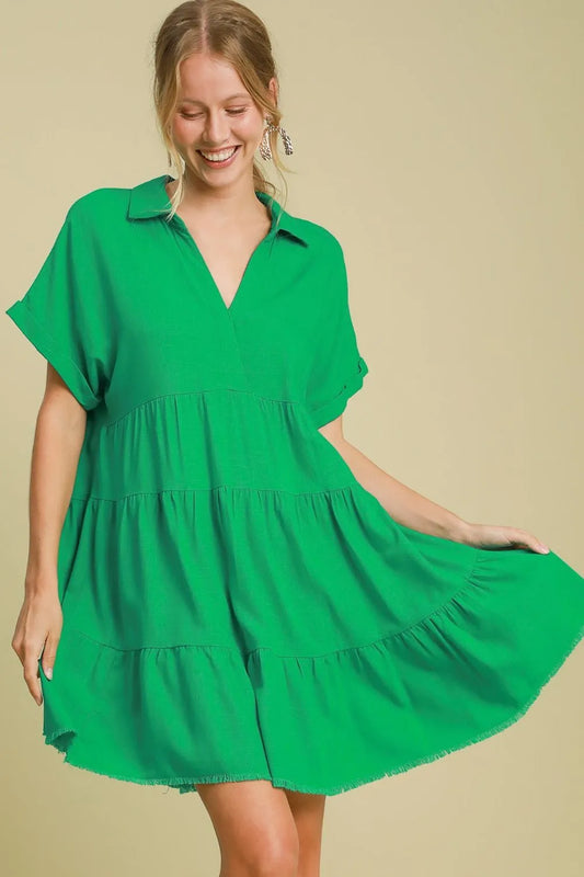 Image of Umgee Full Size Raw Hem Folded Sleeve Tiered Dress Plus Size | Queeble.shop