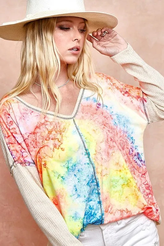 Image of BiBi Print Block V Neck Top with Contrast Stitching | Queeble.shop
