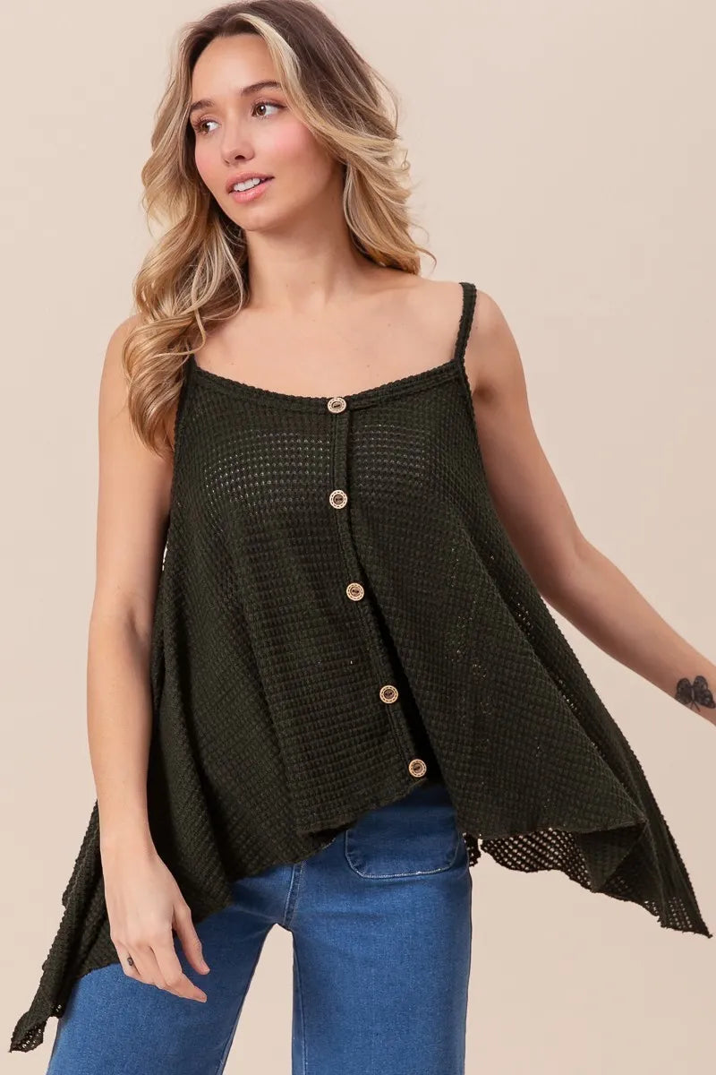 Image of BiBi Popcorn Waffle Knit with Buttoned Front Cami Top | Queeble.shop