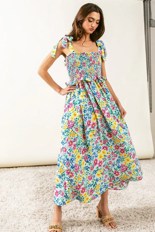 Image of BiBi Floral Ruffle Trim Smocked Cami Dress | Queeble.shop