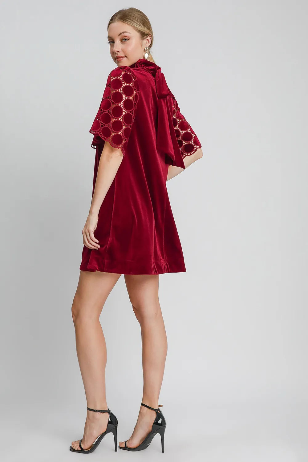 Image of Umgee Dotted Lace Half Sleeve Mock Neck Back Tie Velvet Dress | Queeble.shop