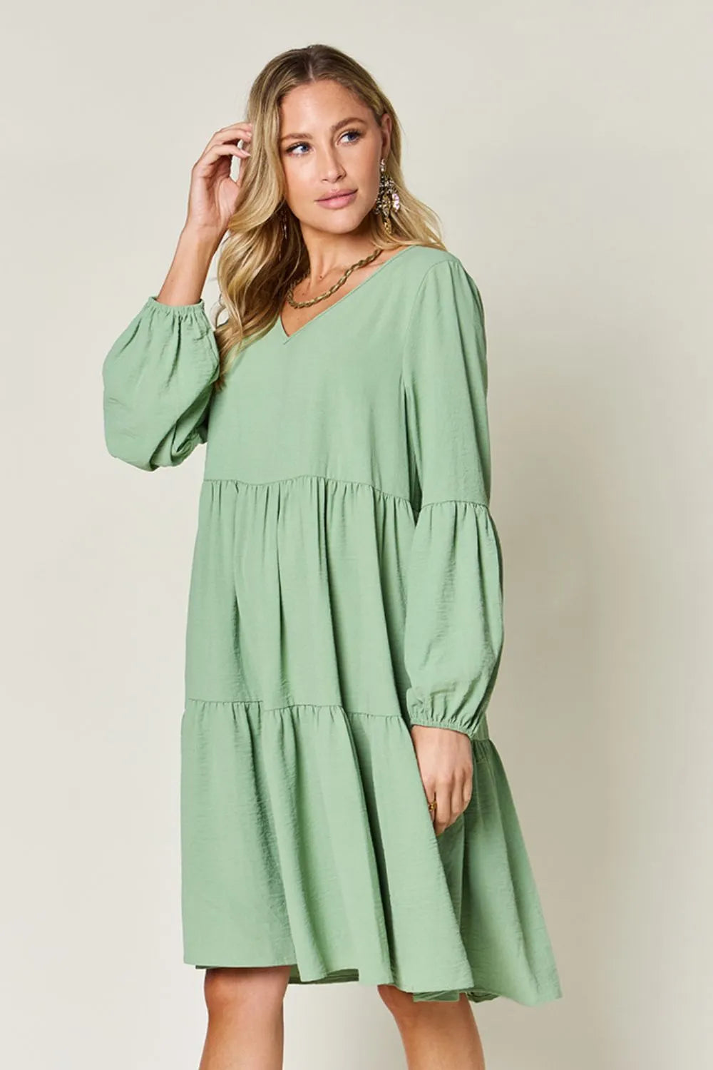 Image of Double Take Full Size V-Neck Balloon Sleeve Tiered Dress with Pockets | Queeble.shop