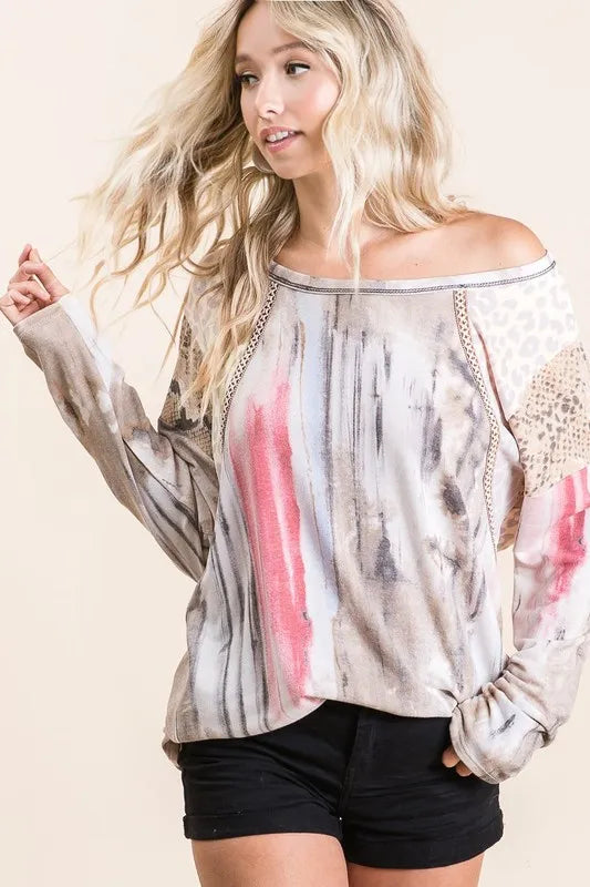 Image of BiBi Tie Dye Knit Top with Print Block Shoulder | Queeble.shop