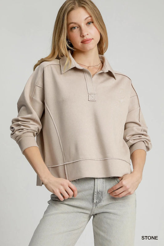 Image of Umgee Exposed Seam Long Sleeve Polo Top with Side Slit | Queeble.shop