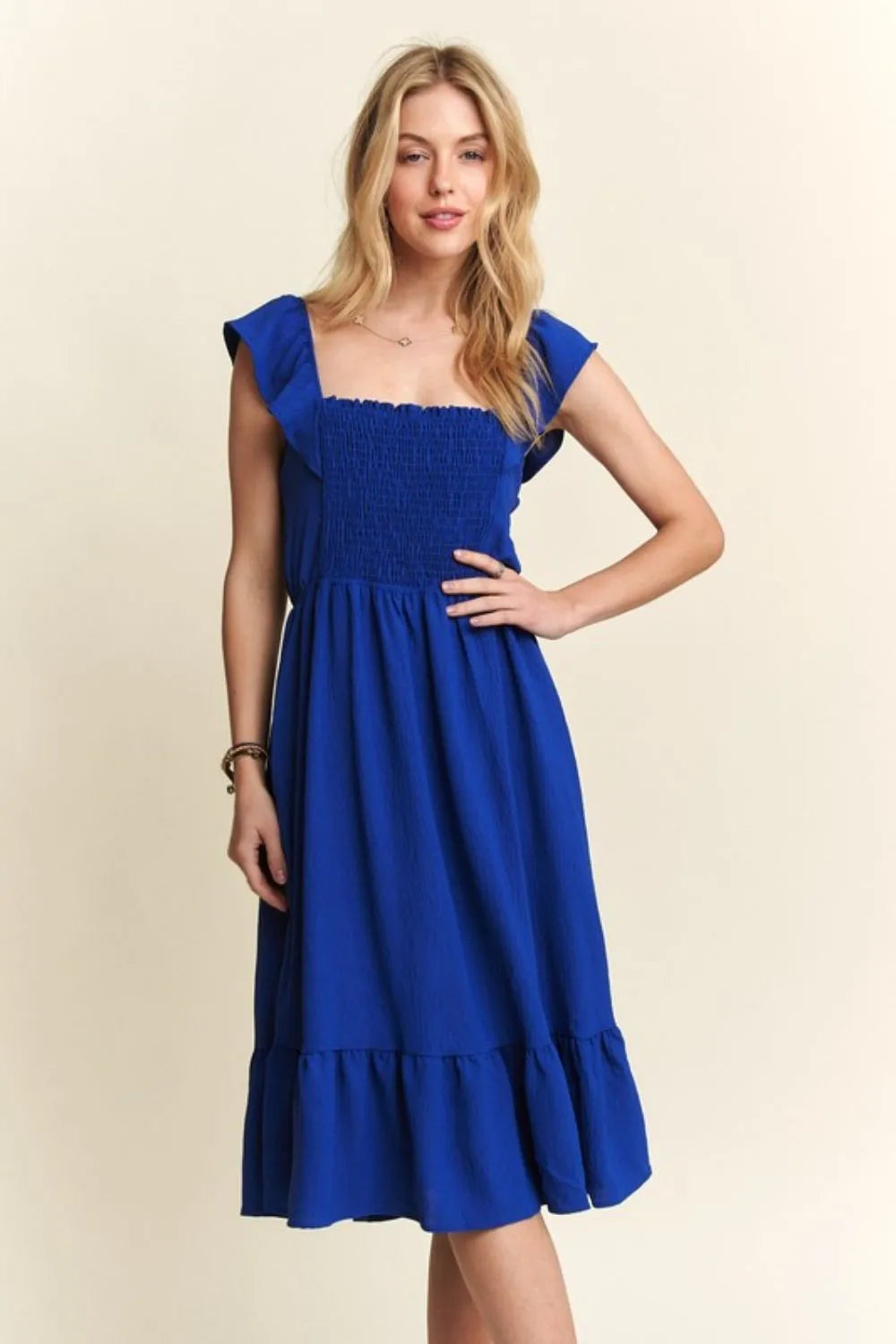 Image of ADORA Smocked Square Neck Ruffled Cap Sleeve Dress | Queeble.shop