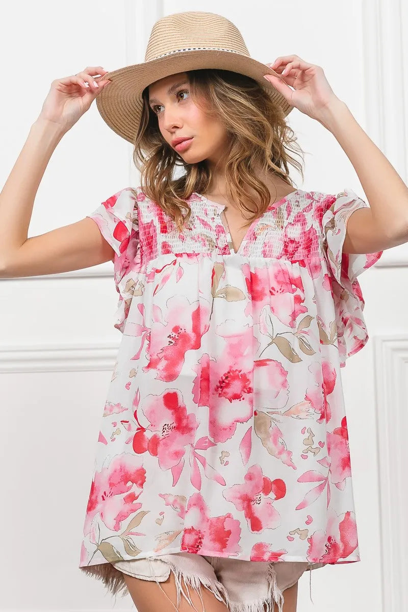 Image of BiBi Floral Print Flutter Sheer Top | Queeble.shop