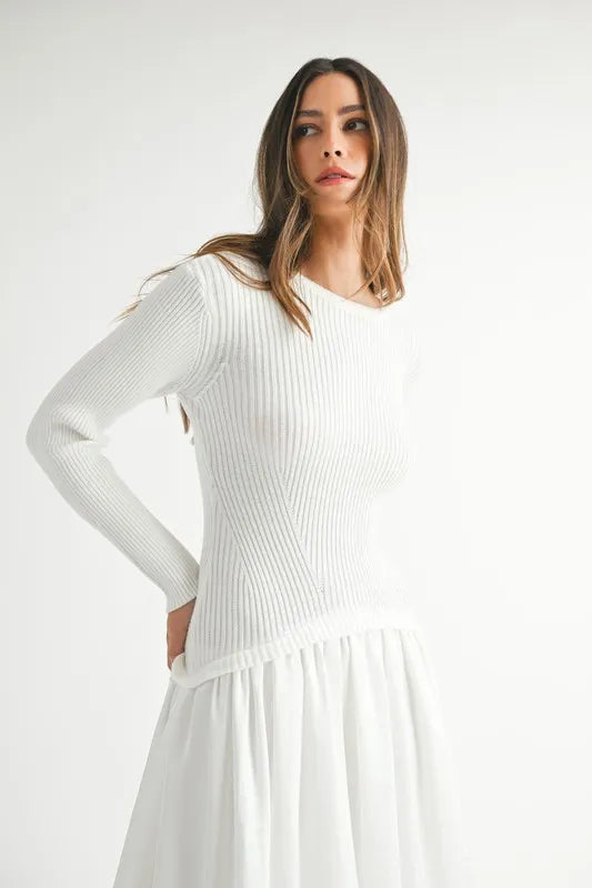 Image of MABLE Ribbed Poplin Mix Midi Sweater Dress | Queeble.shop