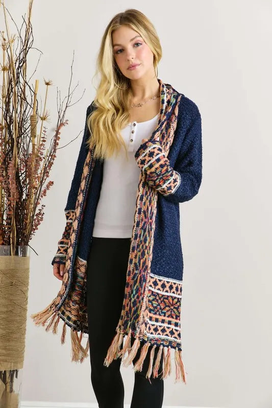 Image of ADORA Full Size Fringe Hem Aztec Border Cardigan Plus Size | Queeble.shop