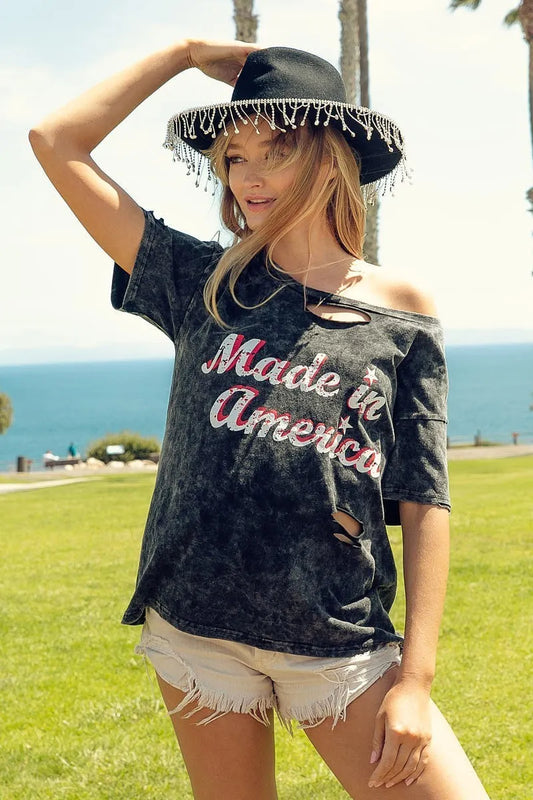 Image of BiBi Laser Cut Mineral Washed America Print Top | Queeble.shop