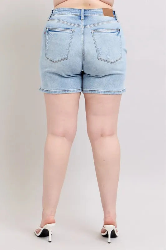 Image of Judy Blue Full Size Mid Rise Washed Denim Shorts Plus Size | Queeble.shop