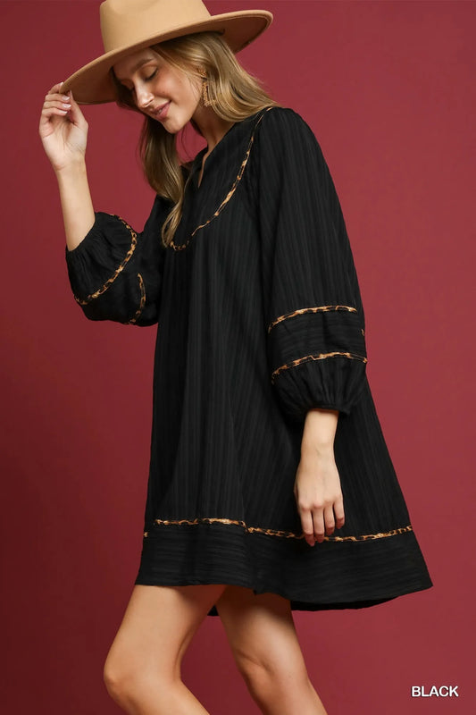 Image of Umgee Full Size Textured Babydoll Dress with Leopard Trim Plus Size | Queeble.shop