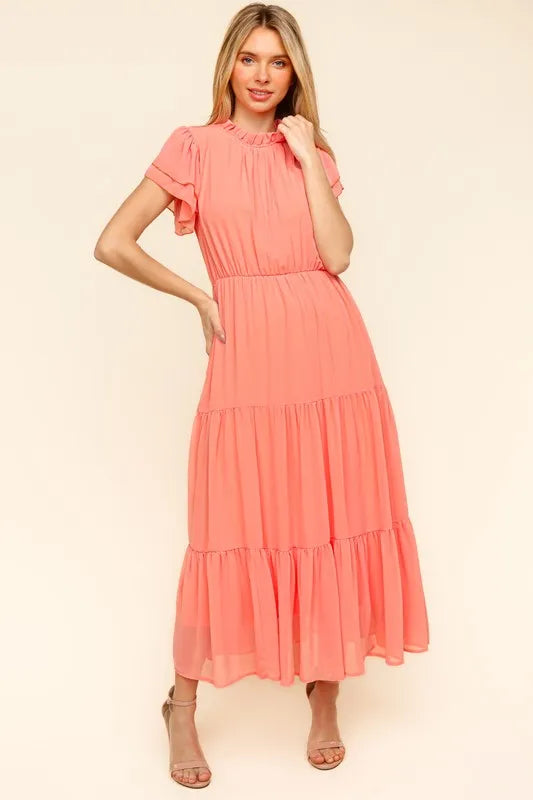 Image of Haptics Full Size Tiered Frill Mock Neck Short Sleeve Dress | Queeble.shop