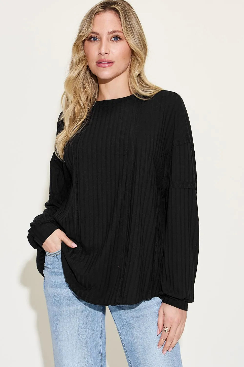 Image of Basic Bae Full Size Ribbed Round Neck Long Sleeve T-Shirt | Queeble.shop