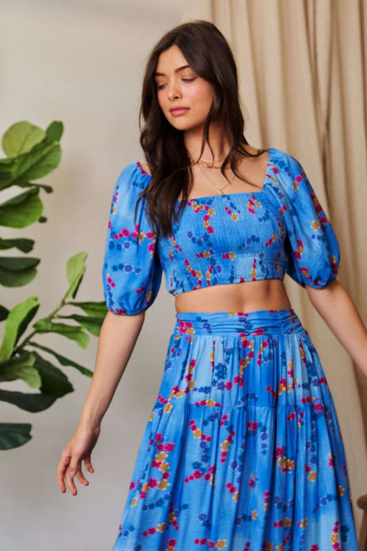 Image of Davi & Dani Smocing Bodice Puff Short Sleeve Printed Crop Top | Queeble.shop